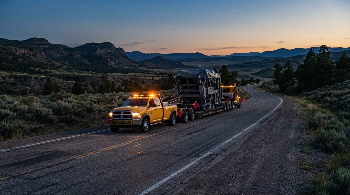 Heavy equipment transported on a lowboy trailer